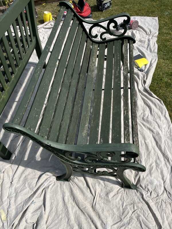 Before: Garden bench detail before and after repainting